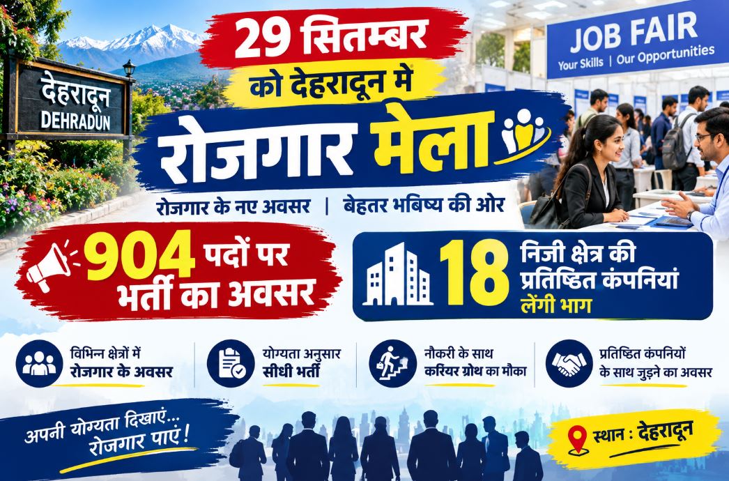 29 सितम्बर को देहरादून में रोजगार मेला, 904 पदों पर भर्ती का अवसर, 18 निजी क्षेत्र की प्रतिष्ठित कंपनियां लेंगी भाग